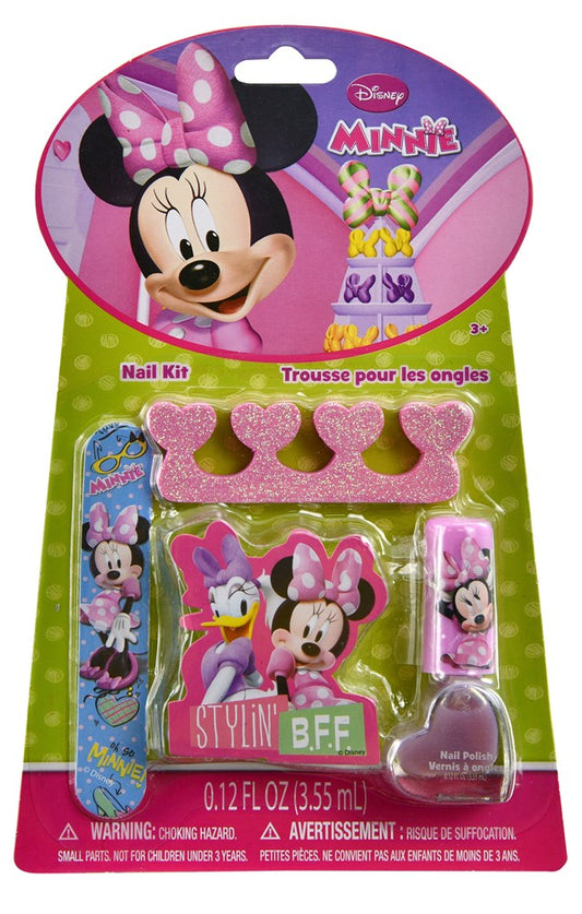 Kids nail kit with Minnie Mouse theme, includes pink heart-shaped nail files, nail polish, and stickers in bright packaging.