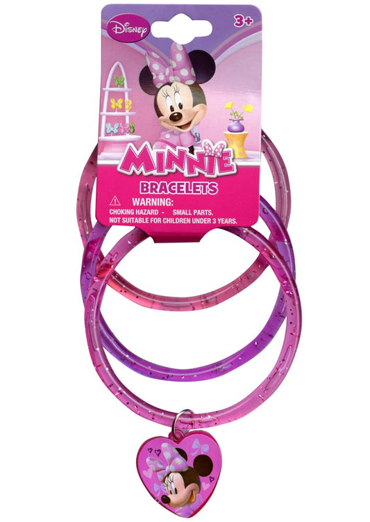 Set of three pink glittery bangle bracelets with a pink Minnie Mouse heart charm on one bangle.