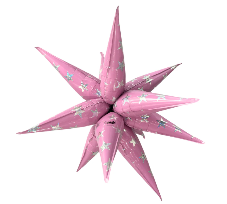 32-inch pink starburst balloon with silver sparkle stars, elongated pointed spikes.
