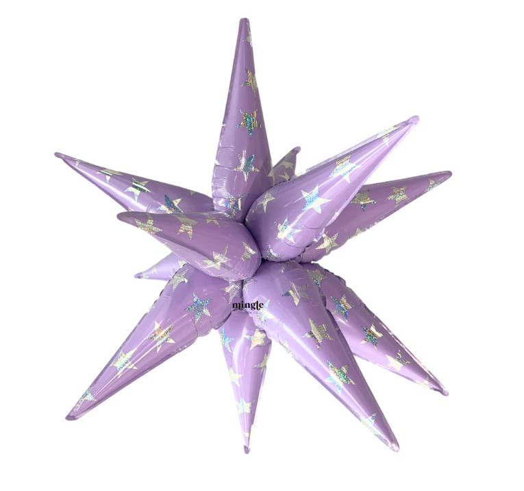 Purple 32-inch inflatable starburst balloon with shiny star and sparkle patterns.