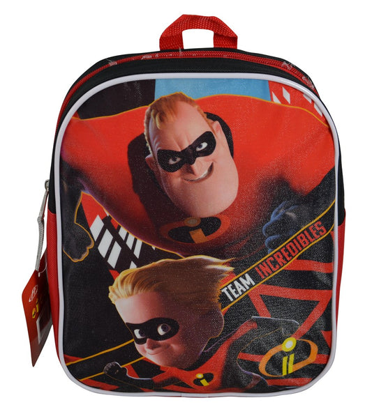 Red and black mini backpack featuring Mr. Incredible and Dash graphics with "Team Incredibles" text.