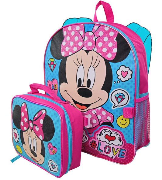 Blue and pink 16-inch backpack with Minnie Mouse face, pink polka dot bow, and matching lunch bag featuring Minnie and.
