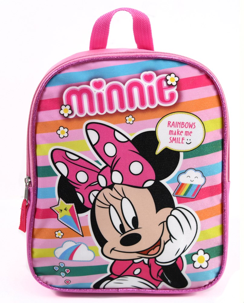Small rectangular backpack with pink zipper, rainbow stripes, and Minnie Mouse graphic wearing a pink polka-dot bow.
