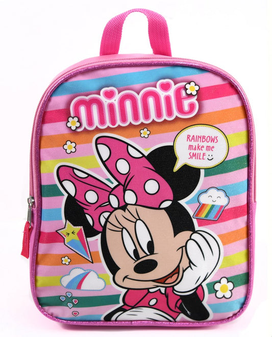Small rectangular backpack with pink zipper, rainbow stripes, and Minnie Mouse graphic wearing a pink polka-dot bow.