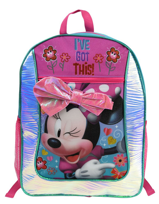 Pink and iridescent backpack with winking Minnie Mouse, foil pink bow, and "I've Got This" text.