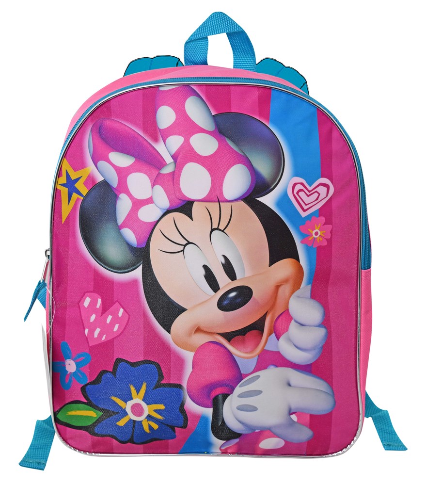 Bright pink 15-inch backpack with Minnie Mouse graphic, polka-dot bow, and colorful flower accents.
