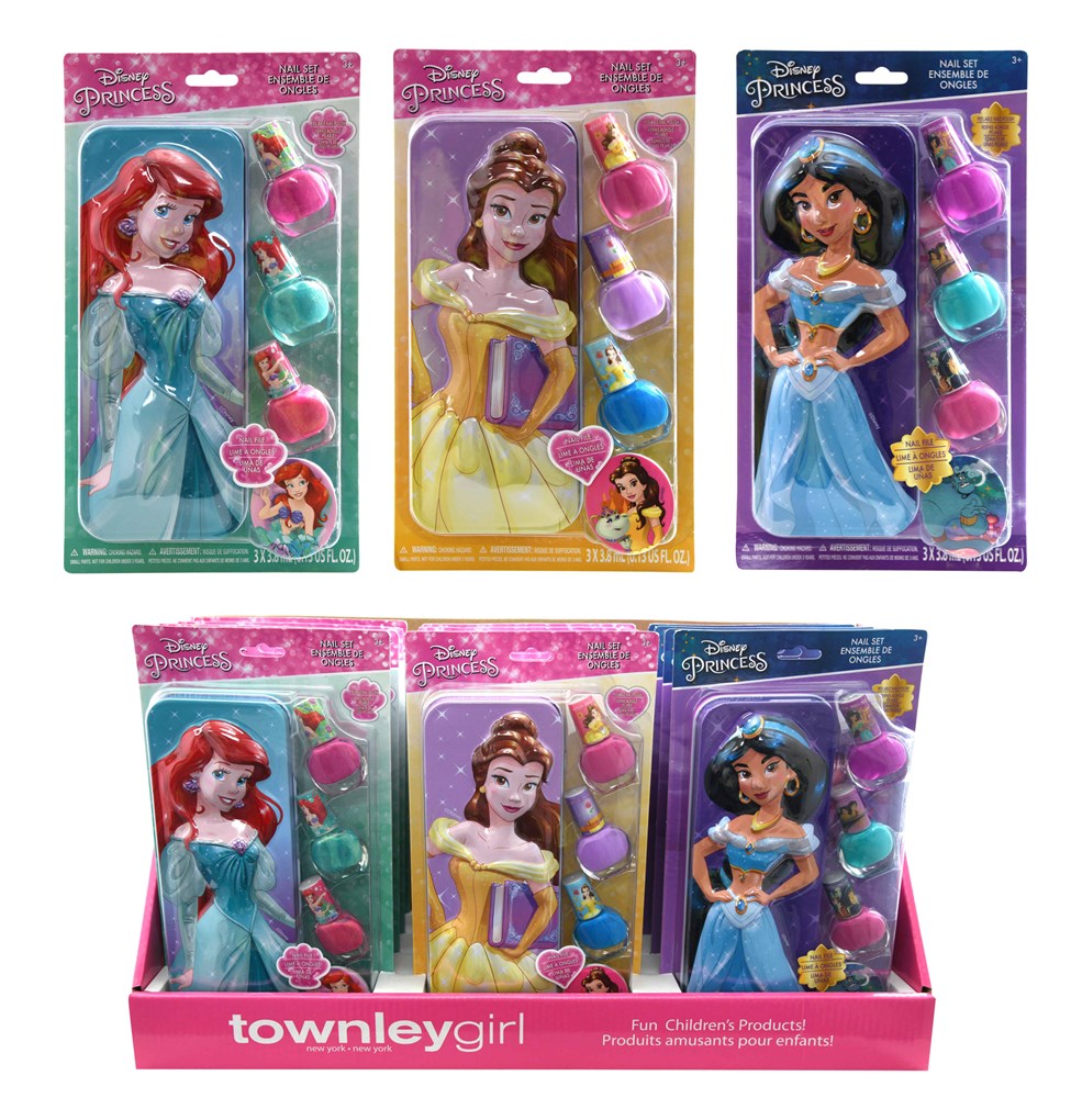 Three Disney Princess nail polish sets each with three pastel-colored nail polish bottles and a nail file, featuring Ariel,.