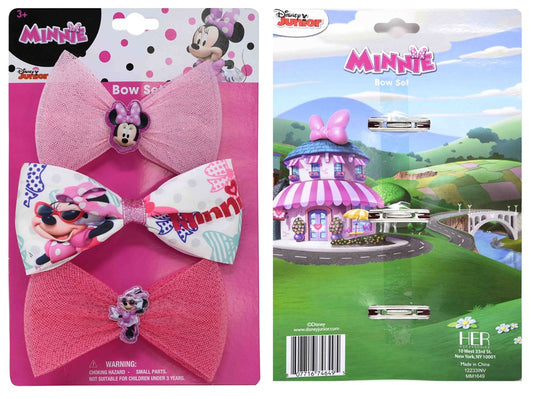 Set of three pink Minnie Mouse bows with PVC puff center, featuring textured and patterned fabric designs on a card.