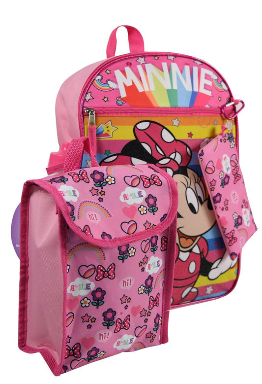 Pink Minnie Mouse backpack with colorful front featuring Minnie’s face, red bow, and matching patterned lunch bag and pouch.