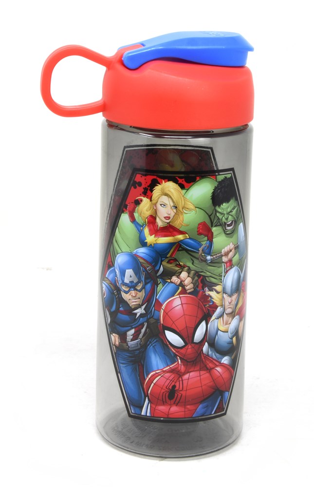 Clear plastic Marvel water bottle with red top, blue flip lid, and superhero graphics including Spider-Man and Captain.