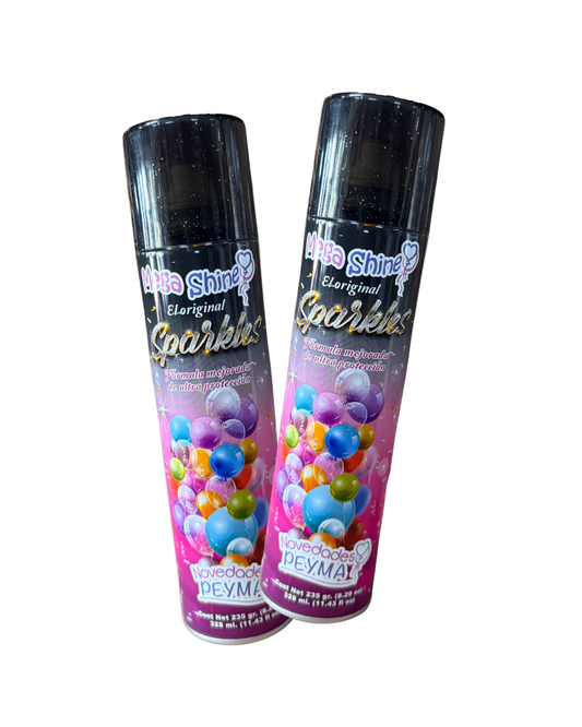Two tall black cans of Megashine Sparkle party spray with colorful balloons and sparkling design on pink labels.