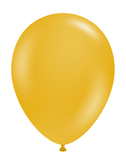 Mustard yellow 11-inch latex balloon inflated with a smooth, shiny surface and rounded shape.