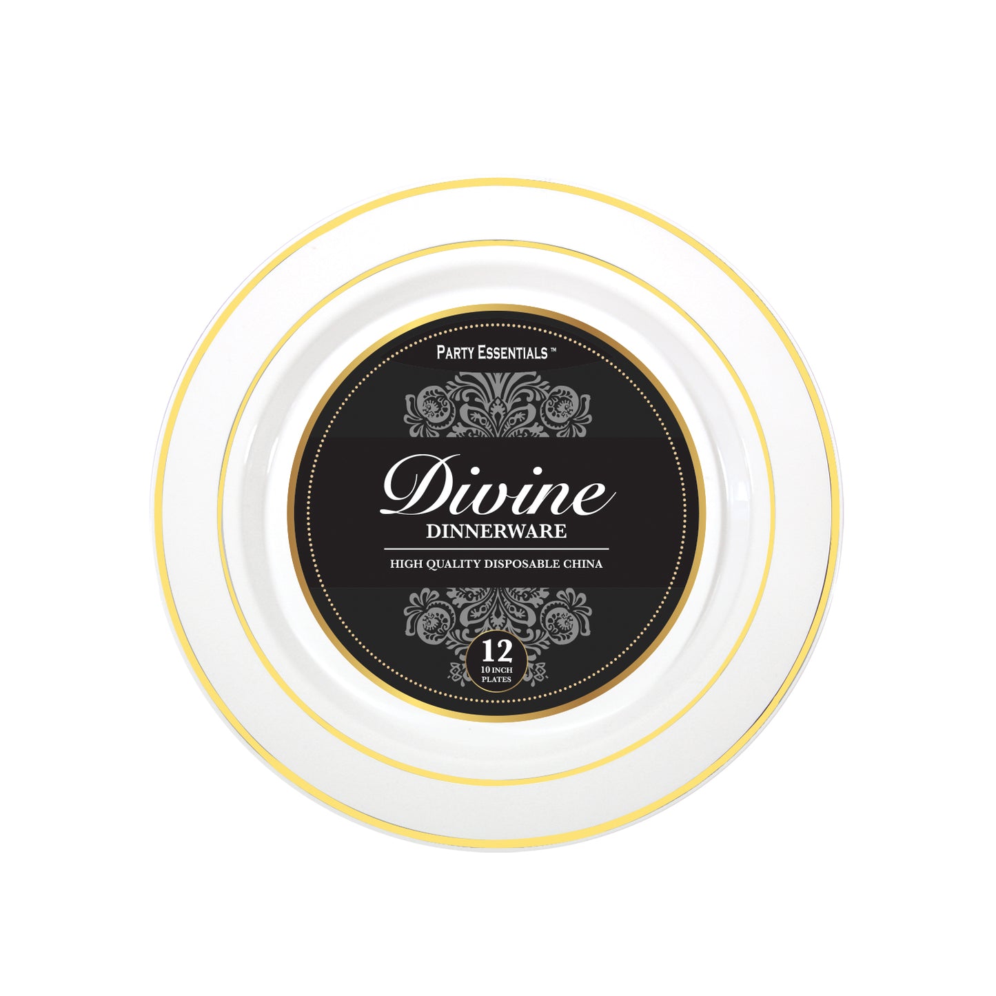 Plastic 10.25 inch Divine White with Gold Rim Plastic Plates 12ct
