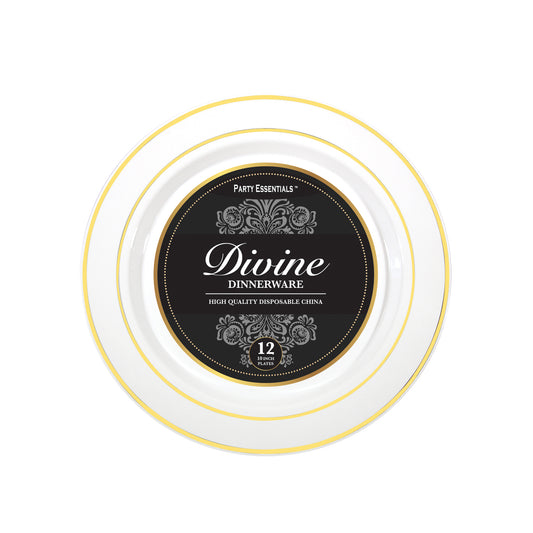 Plastic 10.25 inch Divine White with Gold Rim Plastic Plates 12ct