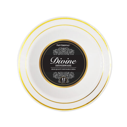Plastic 12oz Divine White with Gold Rim Plastic Bowls 12ct