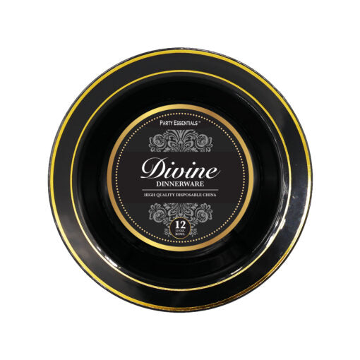 Plastic 12oz Divine Black with Gold Rim Plastic Bowls 12ct