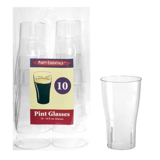 Set of ten clear 16oz pint glasses with a smooth, slightly tapered cylindrical shape.