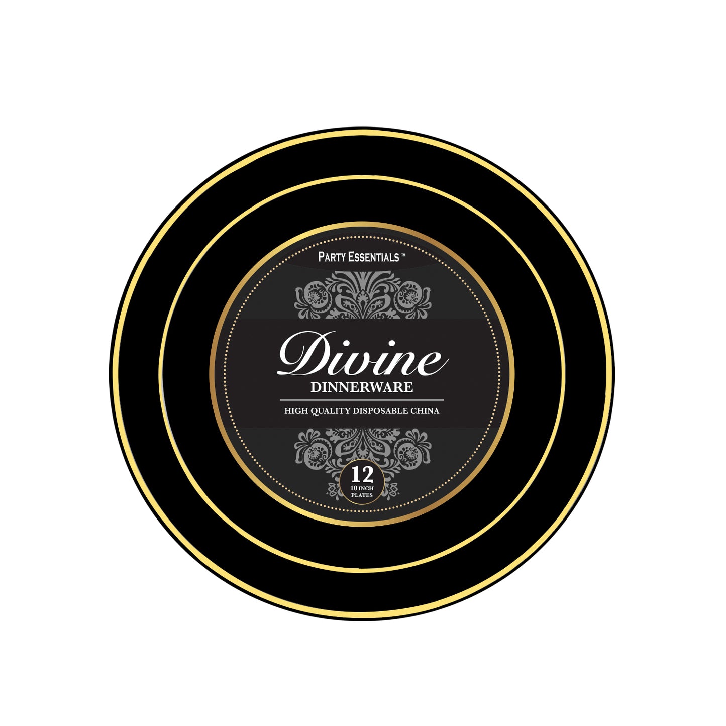 Plastic 10.25 inch Divine Black with Gold Rim Plastic Plates 12ct