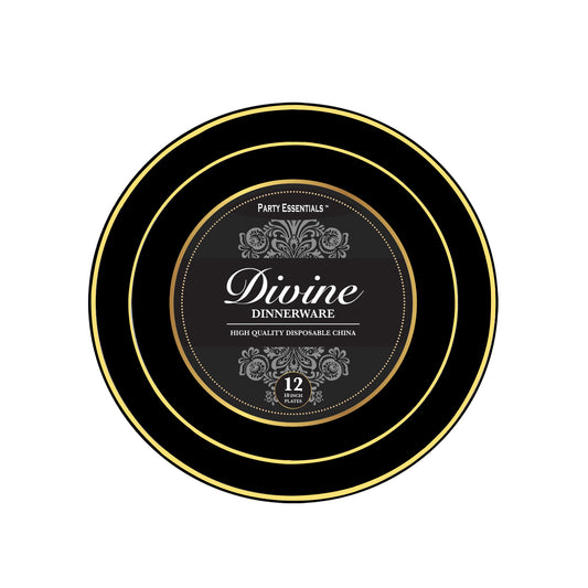 Plastic 10.25 inch Divine Black with Gold Rim Plastic Plates 12ct