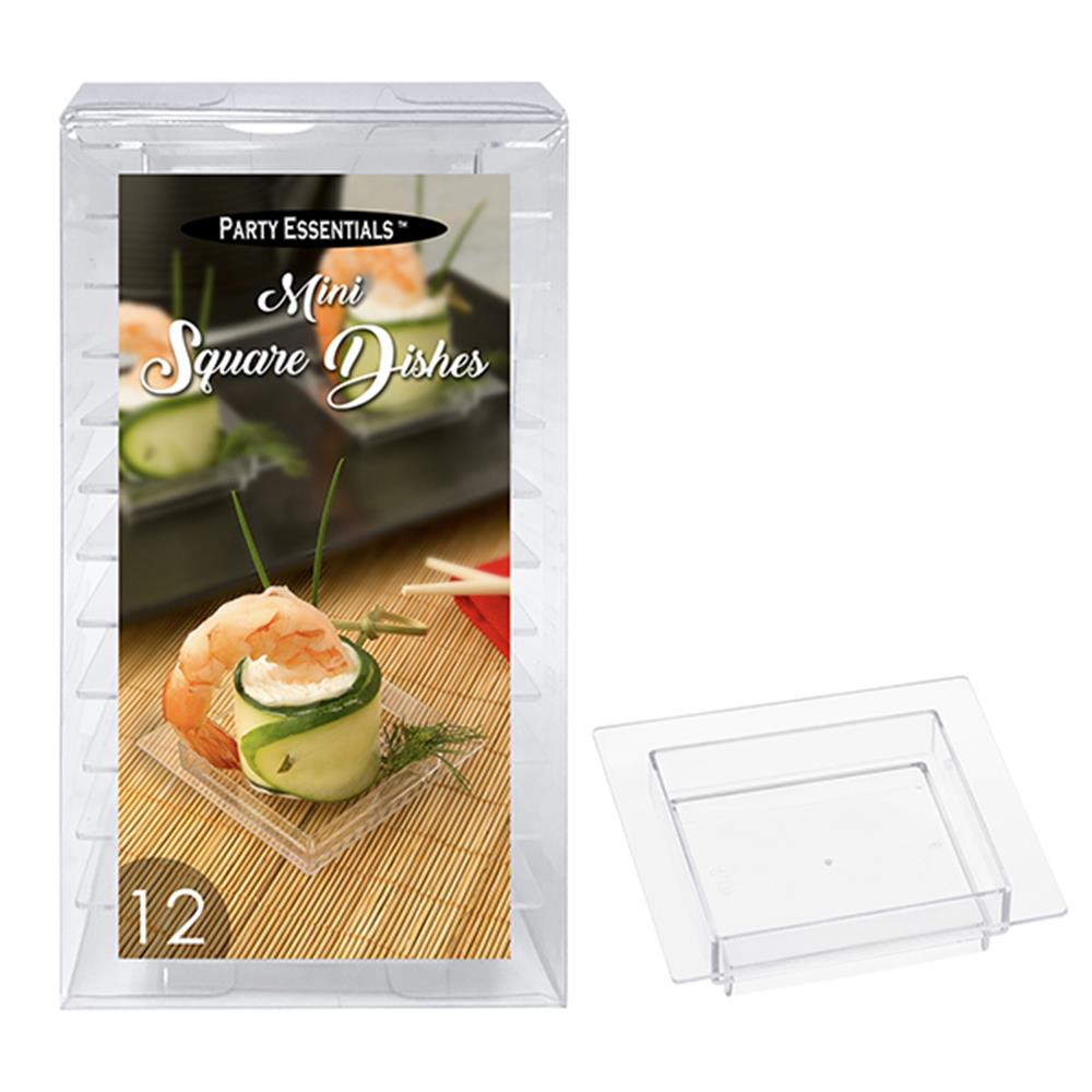 Clear small square plastic dishes stacked next to a packaged set of 12 mini square dishes.