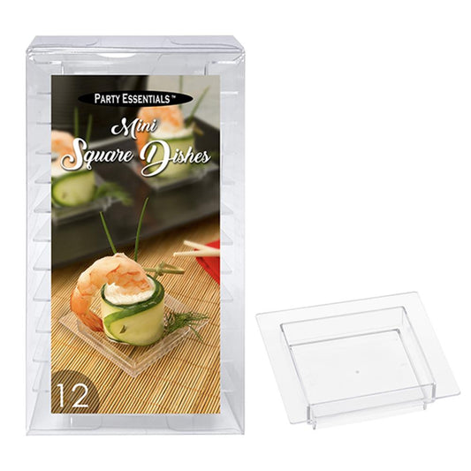 Clear small square plastic dishes stacked next to a packaged set of 12 mini square dishes.