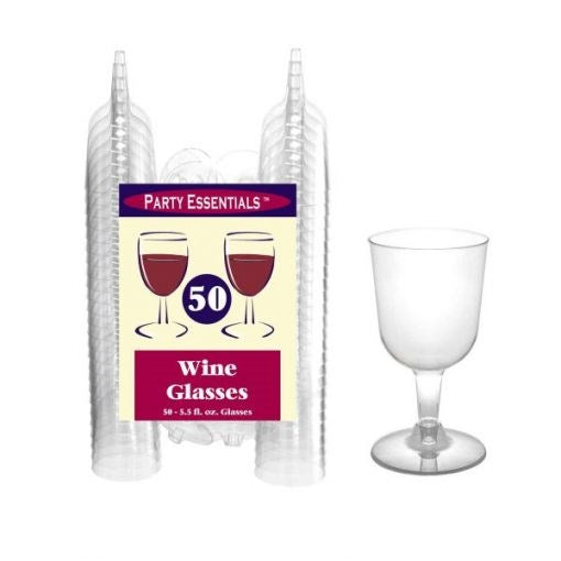 Clear plastic wine glasses with short stems, 5.5oz capacity, stacked in sets of 50.