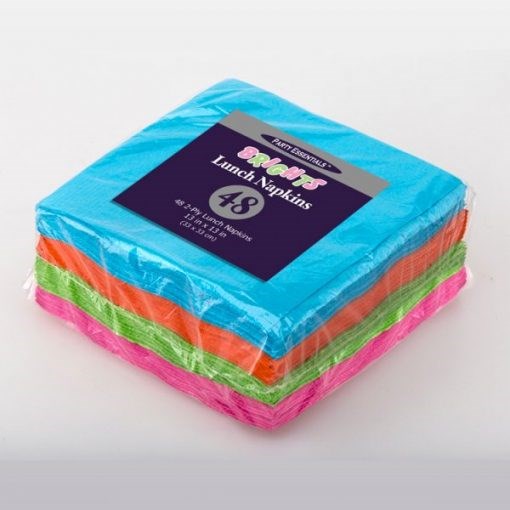 Stack of 48 colorful neon lunch napkins in blue, orange, green, and pink with packaging label.