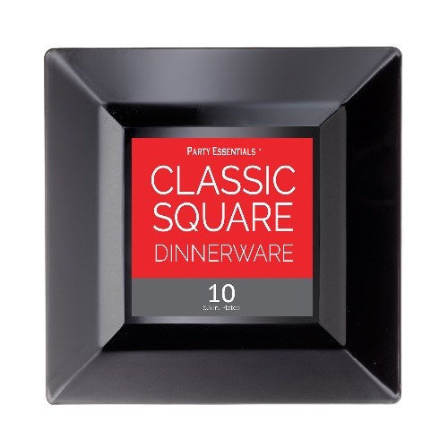 Set of ten black 6.5-inch classic square dinner plates with a glossy finish.