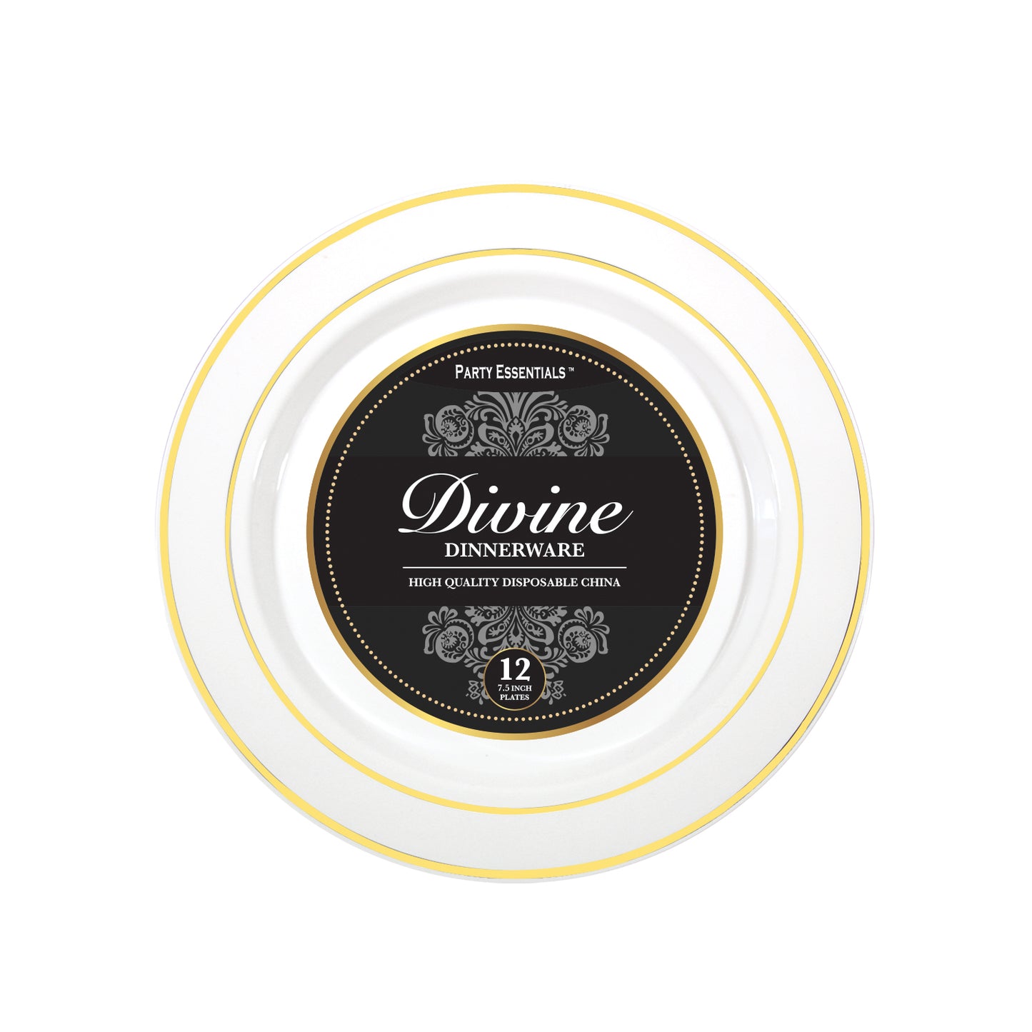 Plastic 7.5 inch Divine White with Gold Rim Plastic Plates 12ct