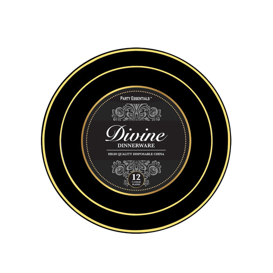 Plastic 7.5 inch Divine Black with Gold Rim Plastic Plates 12ct