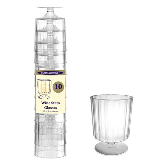 Stacked set of ten clear plastic wine stem glasses with vertical ridged texture, one glass shown separately.