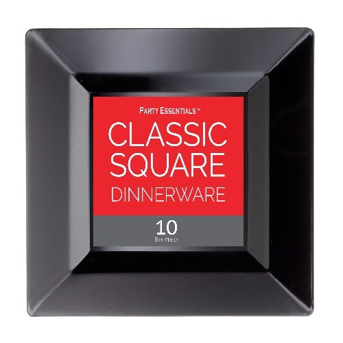 Black square plastic plate with slightly raised edges and a red label in the center.