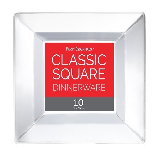 Clear plastic square plate with slightly raised edges, 8-inch size, package of 10.