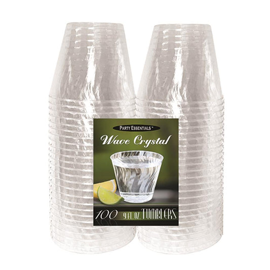 Stack of clear plastic 9oz tumblers with a wavy textured surface and a black label.