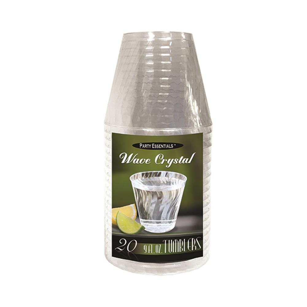 Stacked clear plastic tumblers with a textured wave pattern, 9oz capacity, 20 count pack.