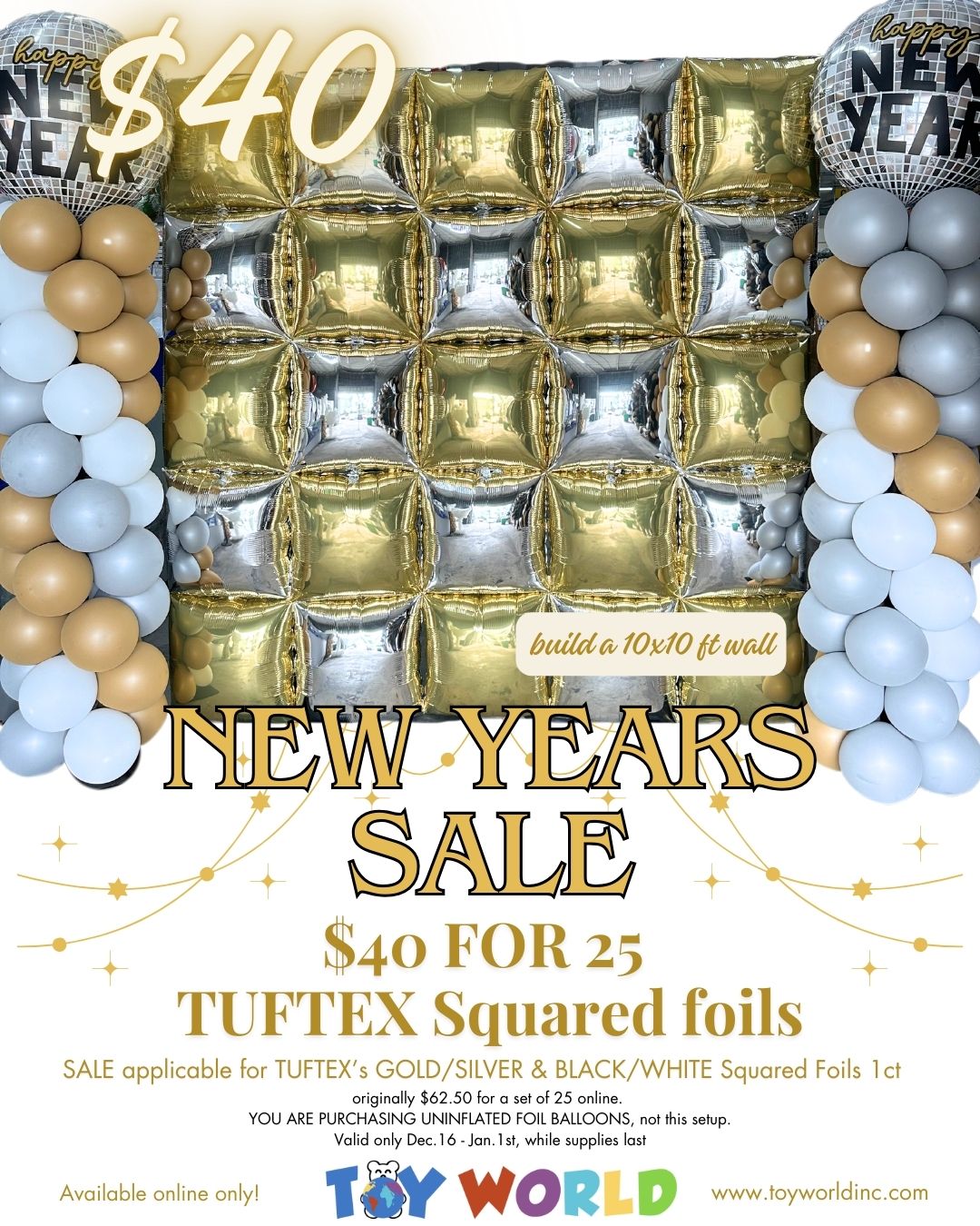 Silver and gold square foil backdrop wall with 25 inflated foil balloons arranged in a grid.