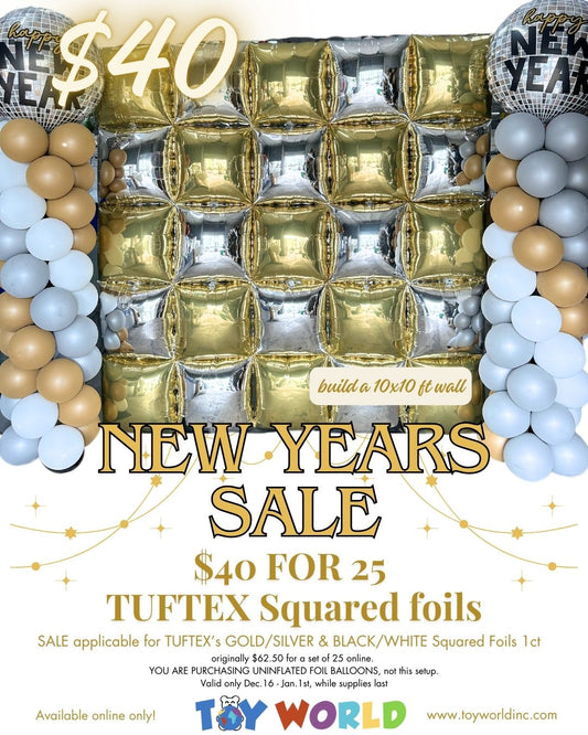 Silver and gold square foil backdrop wall with 25 inflated foil balloons arranged in a grid.