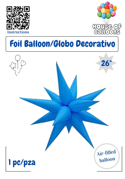 House of Balloons Star Burst Neon Blue 26 inch Foil Balloon 1ct