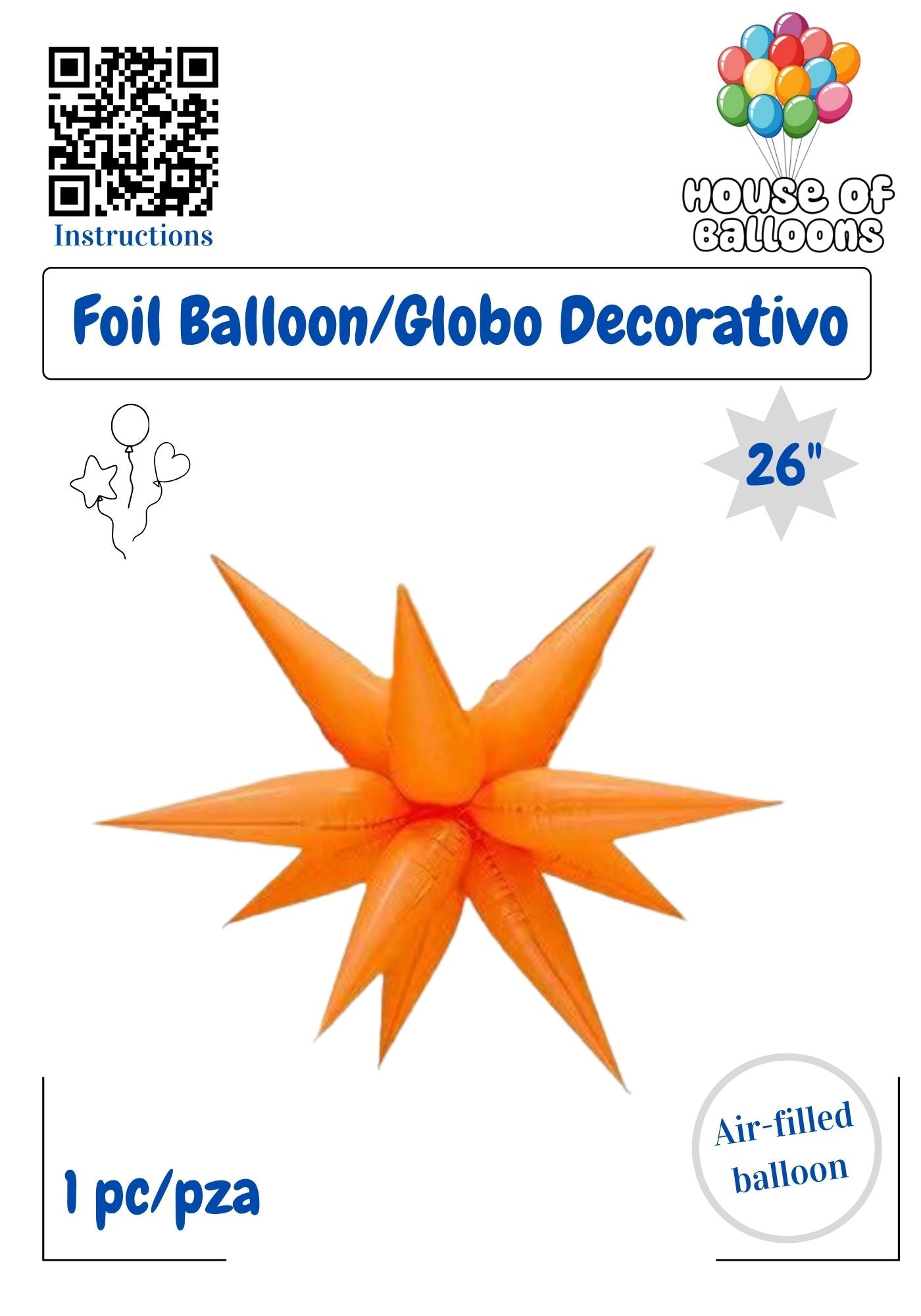 House of Balloons Star Burst Neon Orange 26 inch Foil Balloon 1ct