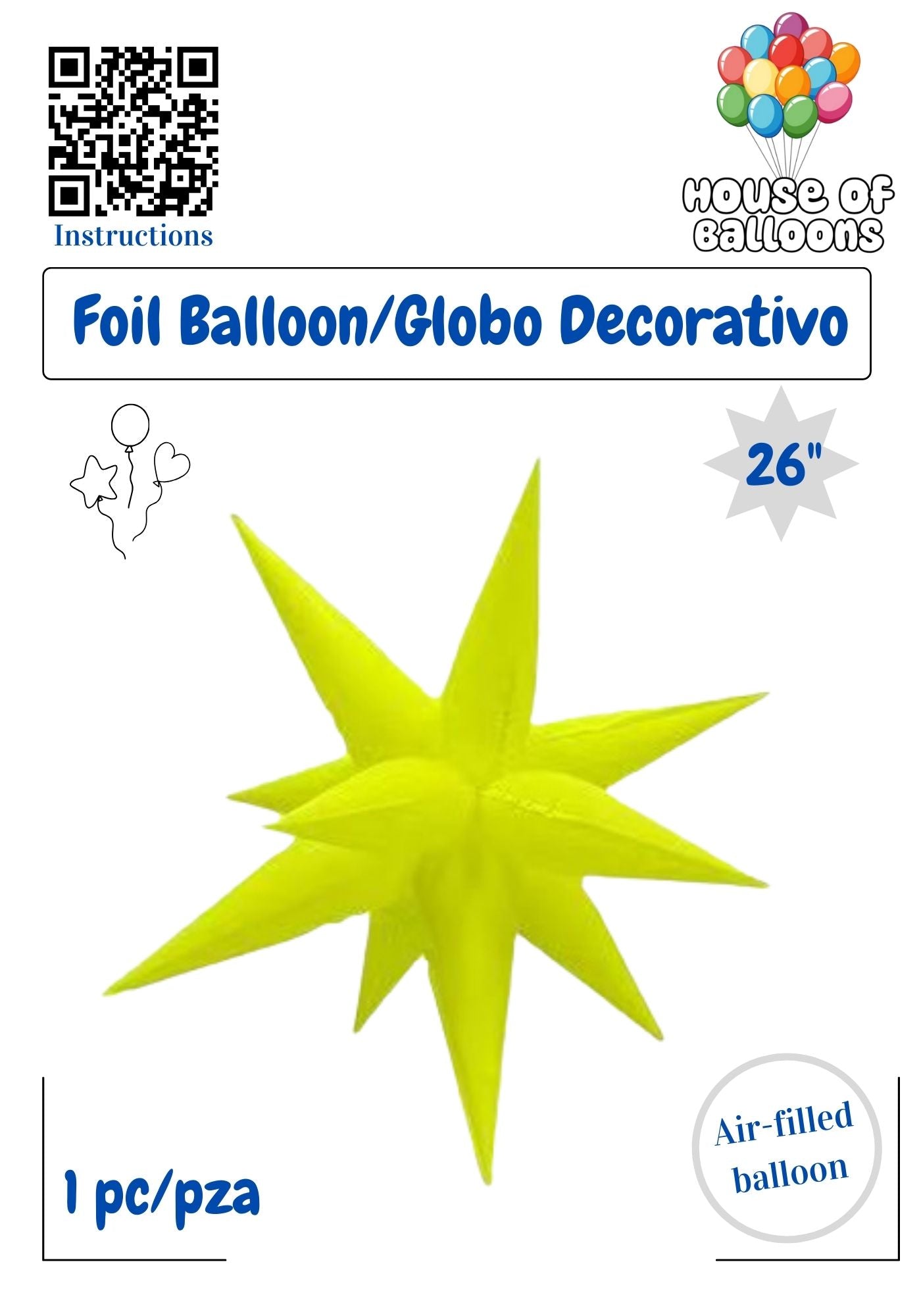 House of Balloons Star Burst Neon Yellow 26 inch Foil Balloon 1ct