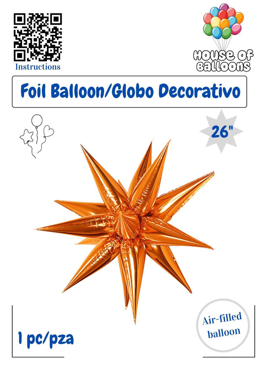 House of Balloons Star Burst Fireheart Orange 26 inch Foil Balloon 1ct