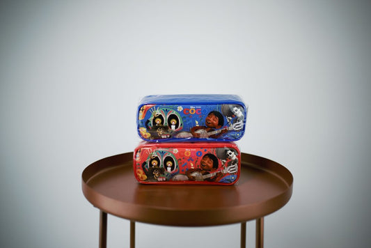 Set of two rectangular Disney Coco-themed pencil pouches with vibrant red and blue zipper designs.