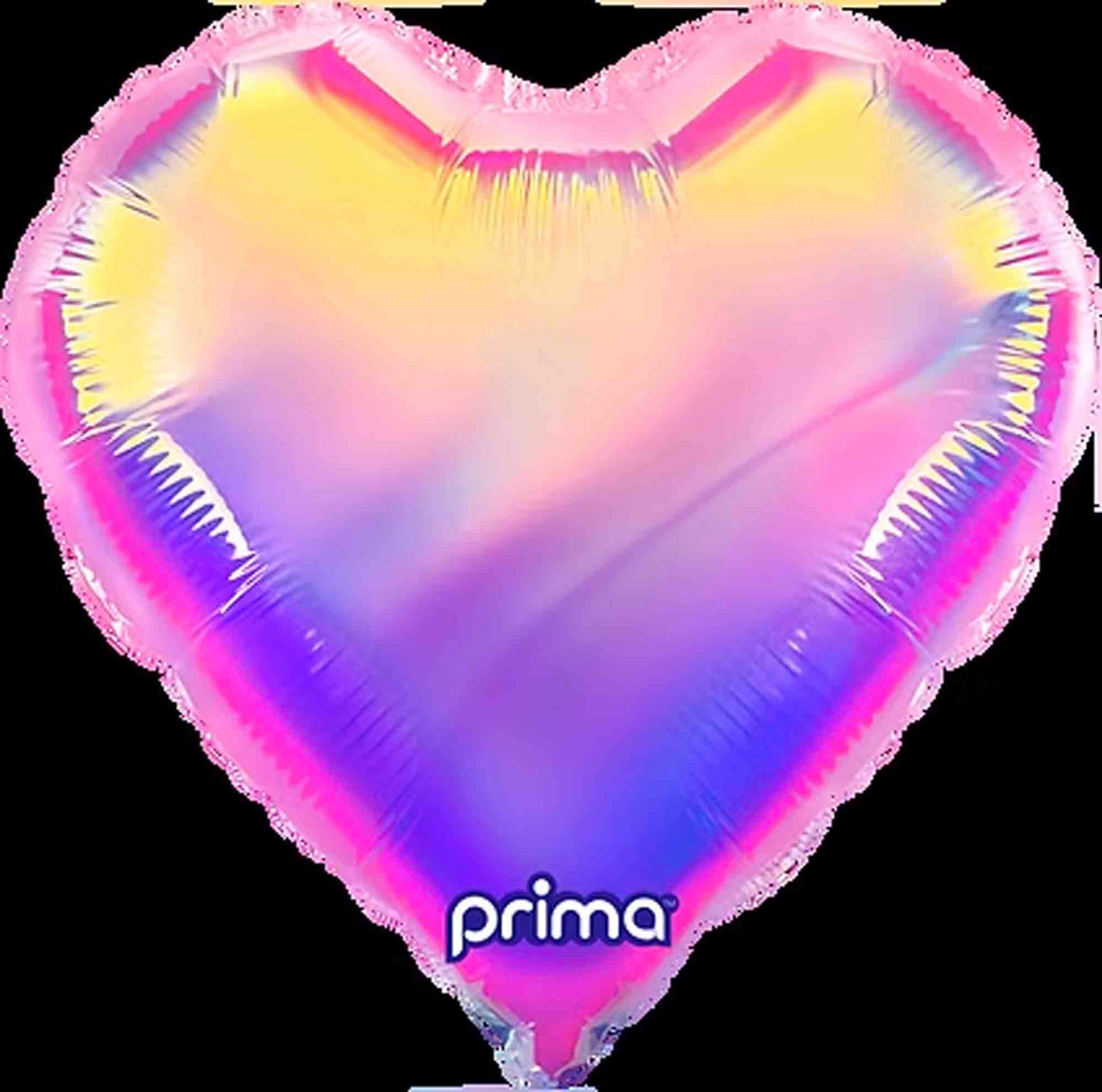 28-inch heart-shaped balloon with pink and yellow iridescent gradient and "prima" logo at bottom center.