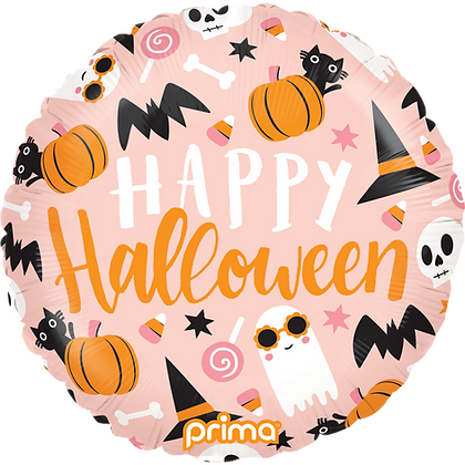 Round pink foil balloon with Happy Halloween text and icons of pumpkins, ghosts, bats, skulls, candy, cats, and witch hats.