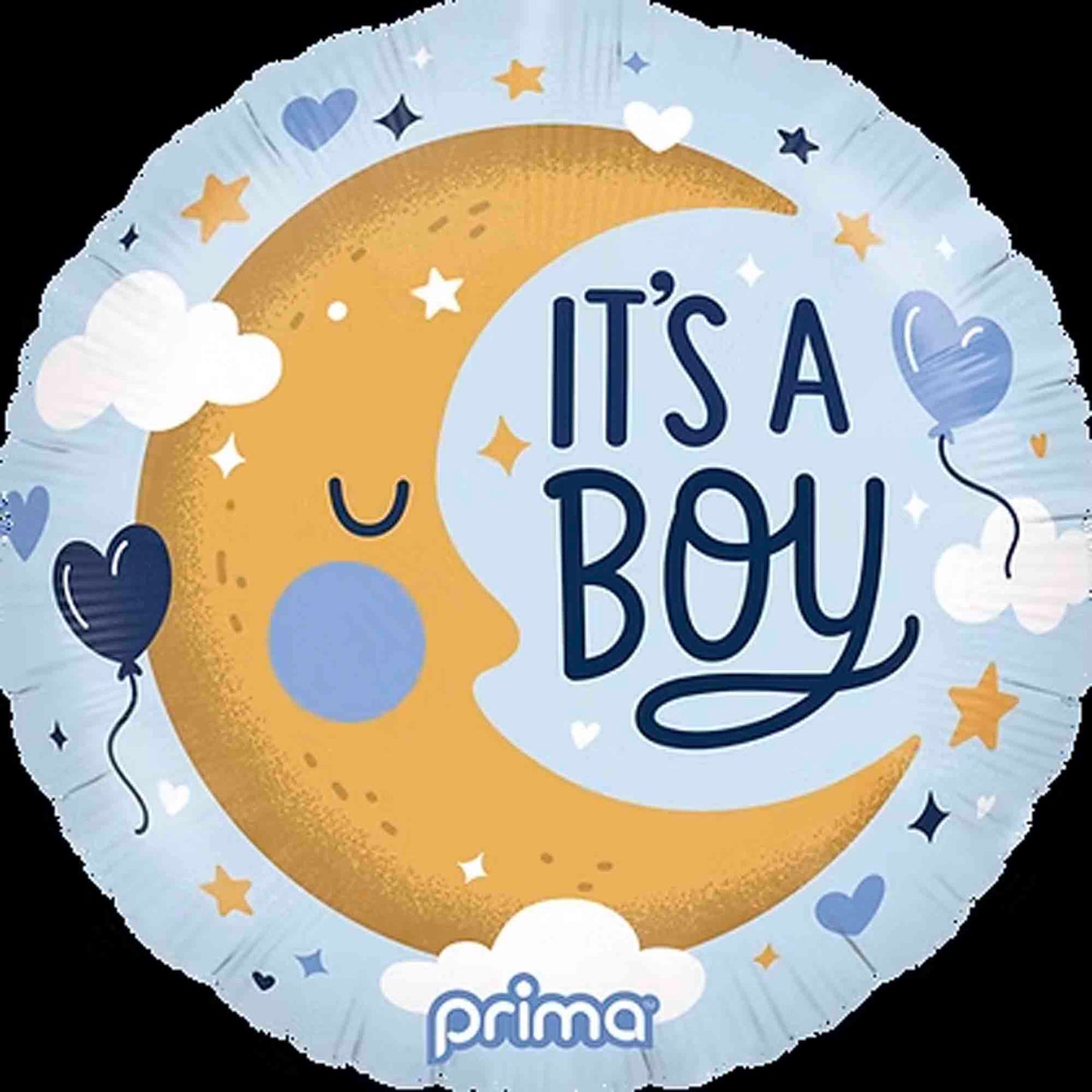 Round foil balloon with a smiling yellow crescent moon, blue cheeks, and "It's a Boy" text on a light blue starry background.