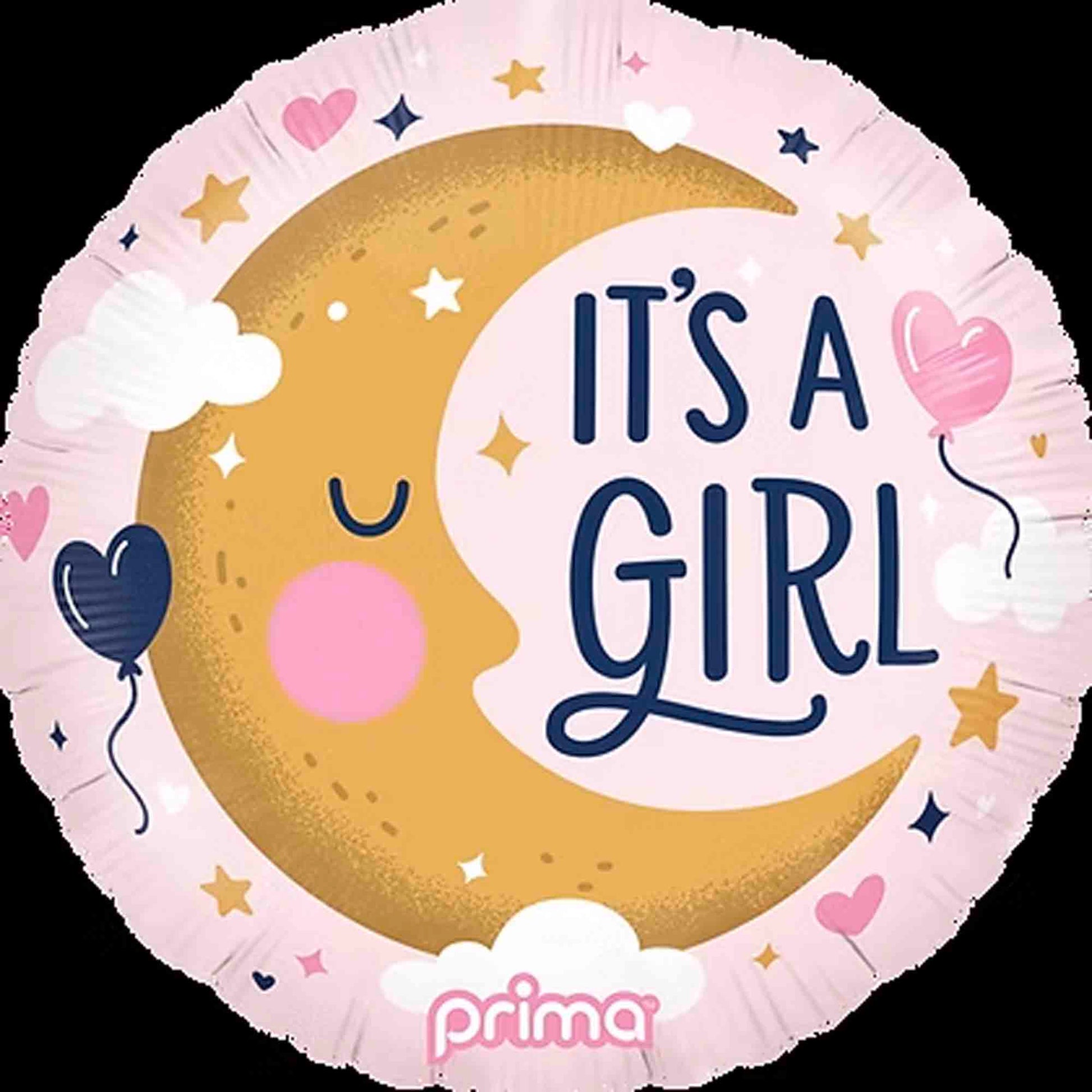 18-inch round pink foil balloon with a smiling crescent moon and "It's a Girl" text in navy blue, decorated with stars and.