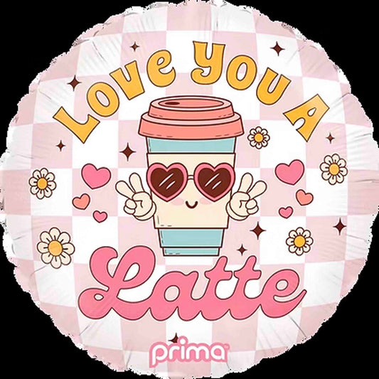 Round pink and white checkered balloon with cartoon coffee cup wearing heart-shaped sunglasses and "Love You A Latte" text.