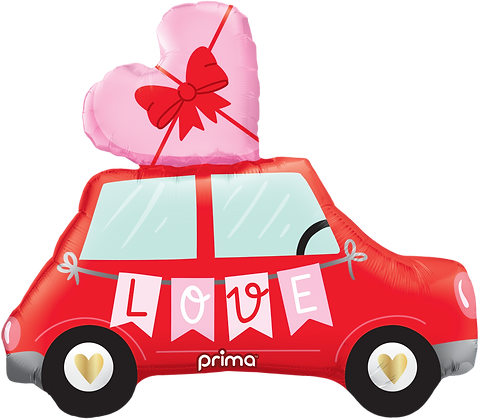 Red car-shaped balloon with heart-shaped balloons on top and "LOVE" banner on the side.