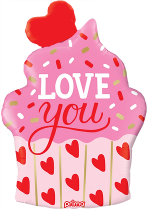 Pink cupcake-shaped balloon with red hearts, colorful sprinkles, and "Love you" text in white and red.