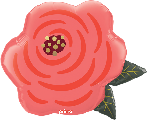 32-inch pink rose-shaped foil balloon with green leaves and circular petal patterns.